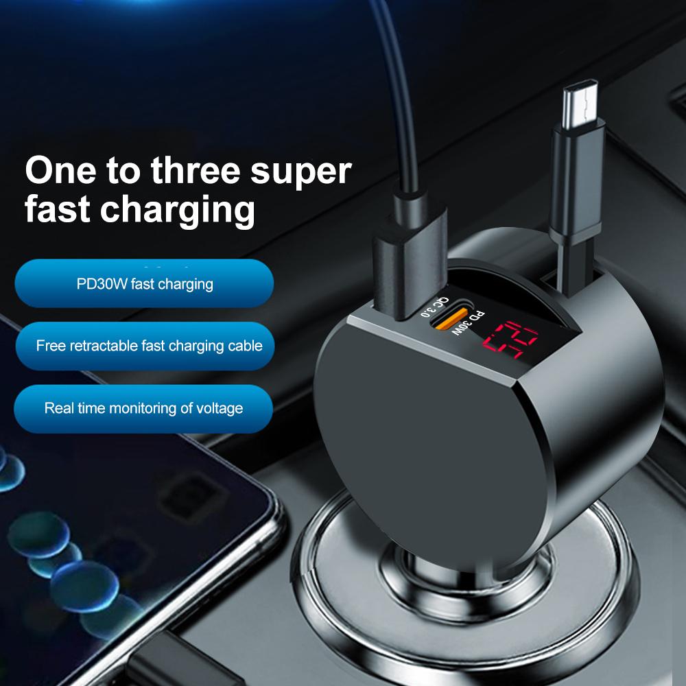 Car Charger Super Fast Charge Flash Charging with Telescopic Cable Voltage Detection 3 In 1 Car Charger USB Type C Ports Adapter