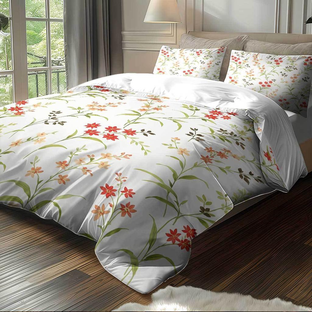 Safflower Green Leaf Quilt Cover Three-Piece Small Fresh Quilt Cover Pillowcase Digital Printing Bed Kit