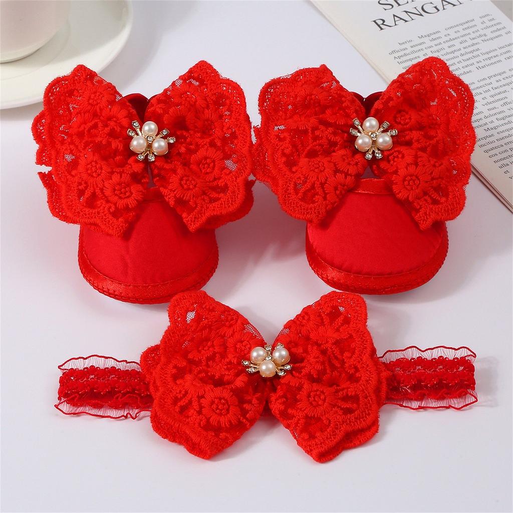 Baby Spitze Perle Schuhe + Haarband Set Baby Kleinkind Schuhe Weiche Sohle Große Schleife Dot Gummi Schuhe