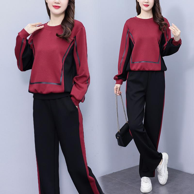 Casual Fashion Suit Plus Size Women's Contrast Color Round Neck Sweater Wide-leg Pants Two-piece Women