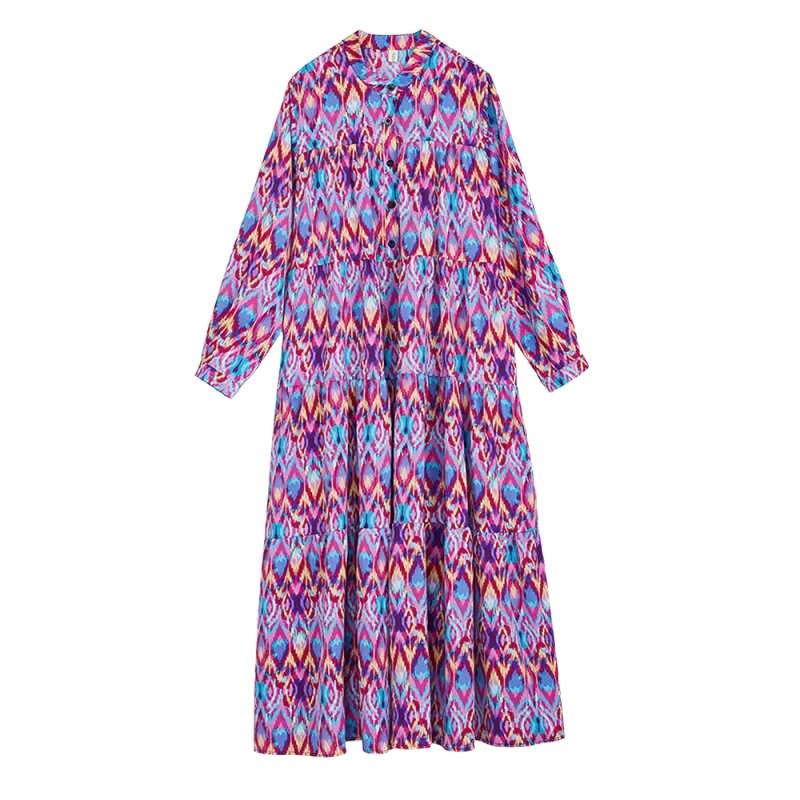 Women's Spring Floral Tiered Dress Plus Size Boho Chic Maxi with Contrast Panels Flowy Layered Skirt