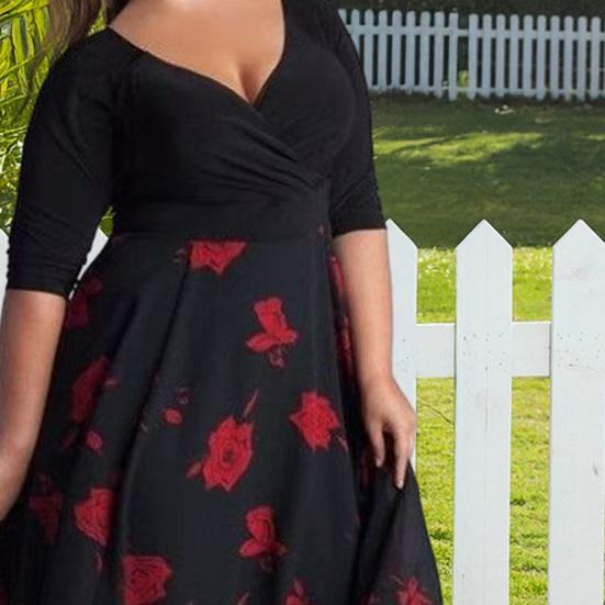 Women's Patchwork Swing Chiffon Dress Short Sleeve V Neck Midi Dress Plus Size Floral Wedding Guest Dress Summer Beach Flowy Sundress