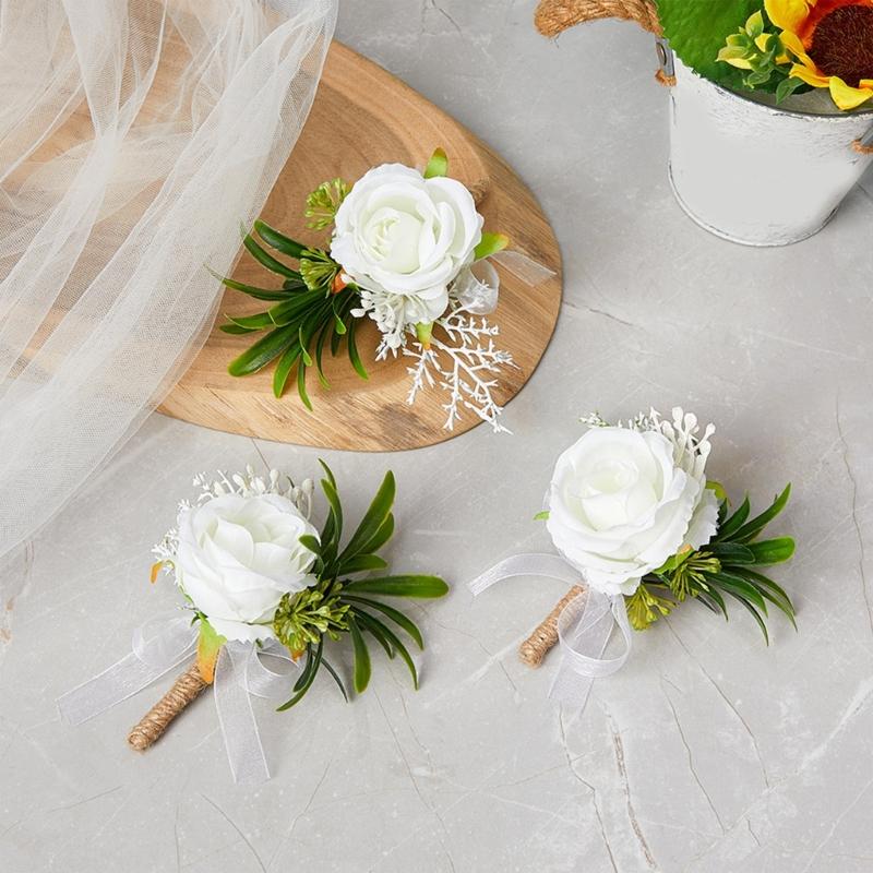 Pack of 6 White Artificial Rose Boutonniere Pin Elegant Bridals Brooch Wedding Groomsmen Accessories Suit Decoration