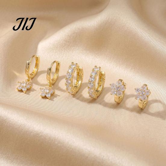 Chic Gold Plated Ear Decorations 3 Pairs Star Zirconia Flower Drop Earrings, Minimalist Dangle Earrings Stylish Gift for Her on Anniversary