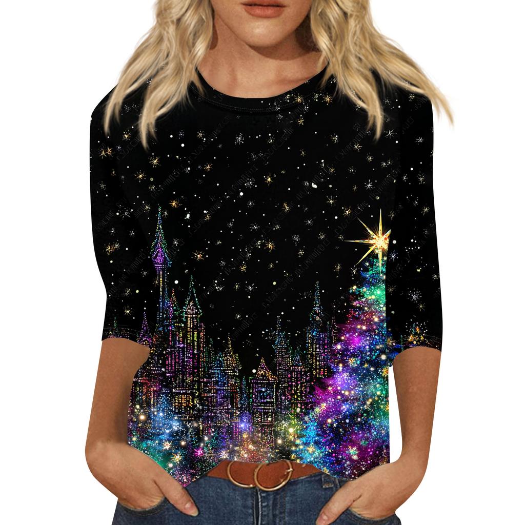 Modă Femei Casual Crăciun Pom Imprimat Gât Rotund Mânecă Treisfert Tricou Top