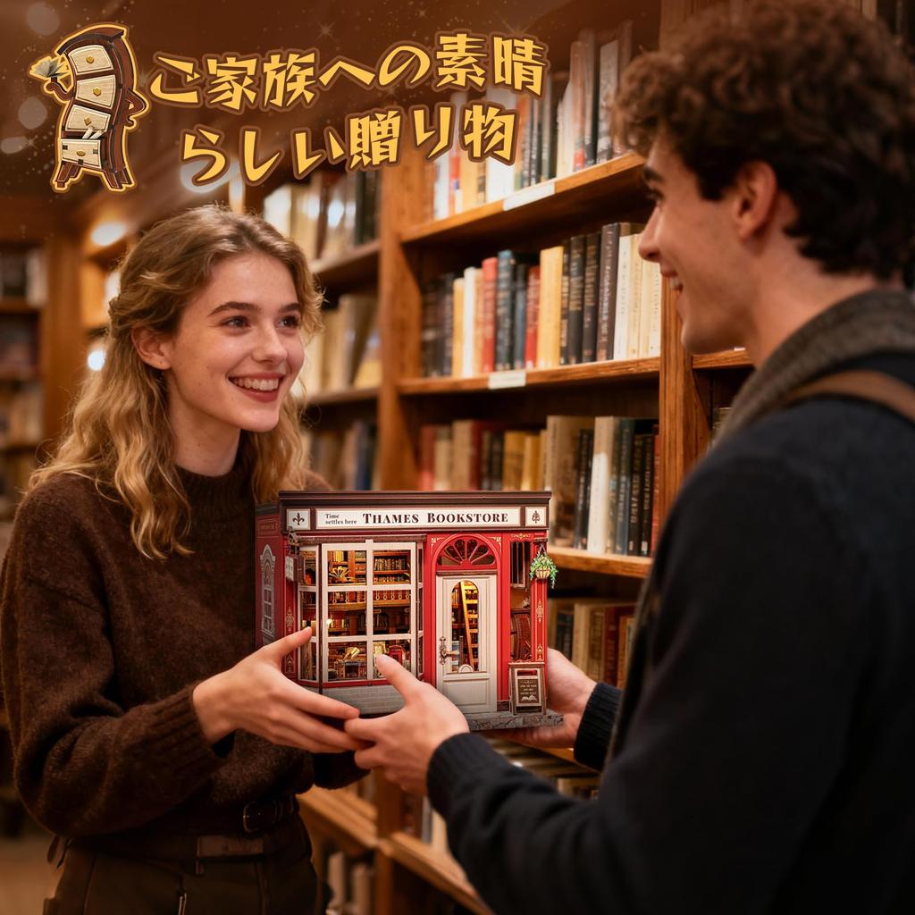 CuteBee DIY Book Nook Dollhouse Miniature Book Stand Decoration with for Teens and 3D Perfect Gift Kit, Kit, LED, Wooden, Adults, Puzzle, (Thames