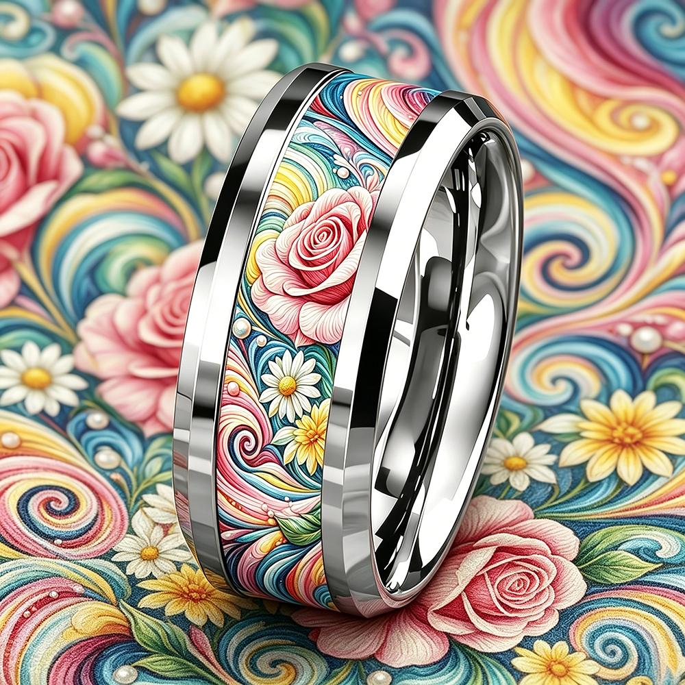 Fashion 8mm Men Stainless Steel Ring with Two-Tone Rose Flower Inlay Rings for Men Women Couple Wedding Party Jewelry No Fade