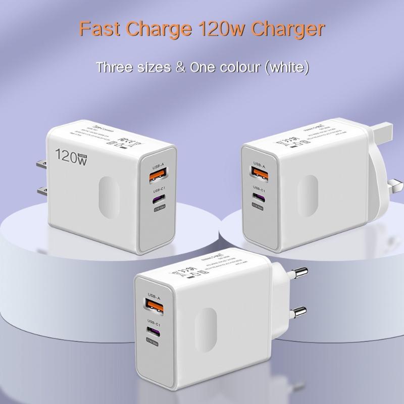 120W Schnellladeblock UK EU US Universeller Stecker Duale USB-A- und Typ-C-Anschlüsse Tragbares Ladegerät für Zuhause, Büro, Reisen