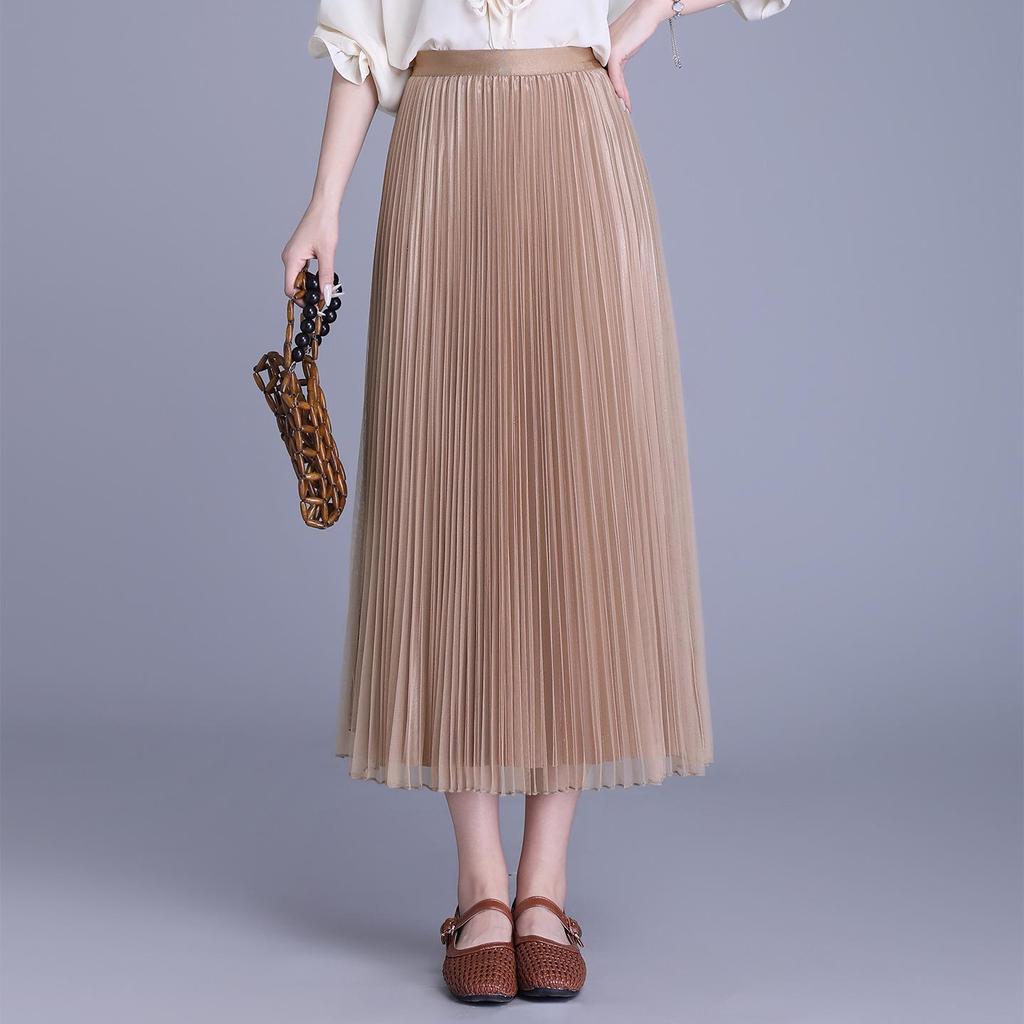 Solid Color High-Waisted Pleated Lurex Mesh Midi Skirt