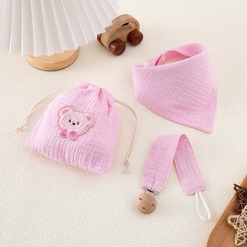 3pcs Organic Cotton Infant Bandana Bib And Pacifier Holder Combo Includes Washable Storage Pouch Baby Shower Gift Set