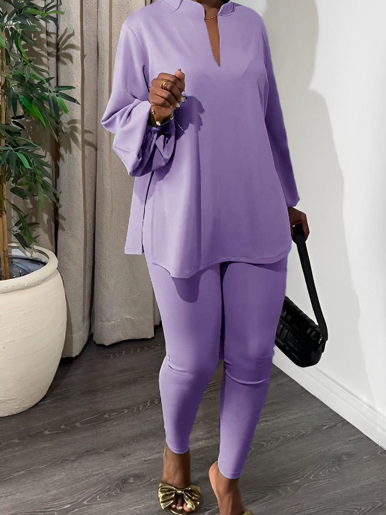 Knitted Set Trousers New Solid Color Multi-Color Pleated V-Neck Top Skinny Pants Fashion Temperament Two-Piece Outfit
