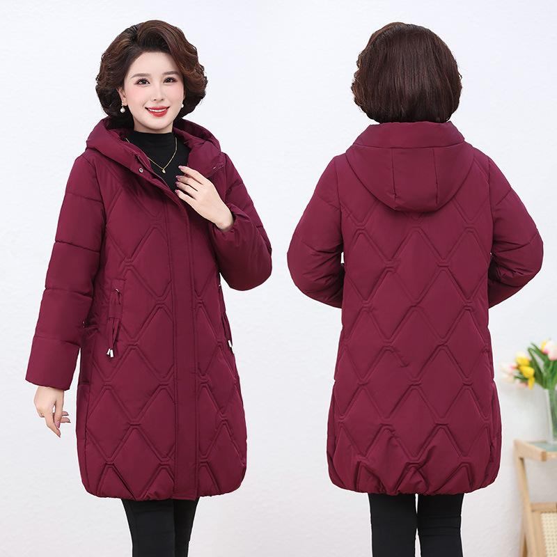Mittelalte Damen Mütter tragen knielange, baumwollgepolsterte Jacke, dicker, westlicher, lockerer Baumwollmantel in Übergröße, baumwollgepolsterte Jacke Winter
