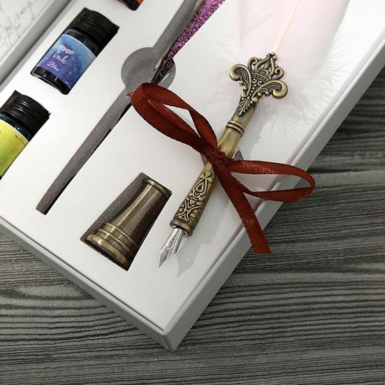 Glass Dip Signature Fountain Pen Faux Crystal Feather Design Writing Decor Set
