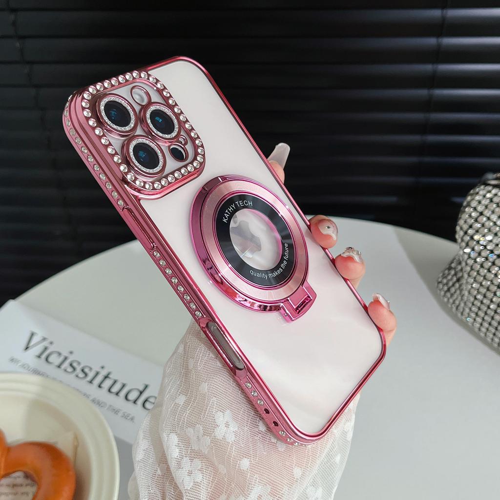 Magnetic Plating Glitter Diamond Camera Lens Protector Bumper Phone Case With Stand For iPhone 17 16 15 Pro Max Samsung S25 S24 Clear Protective Cover