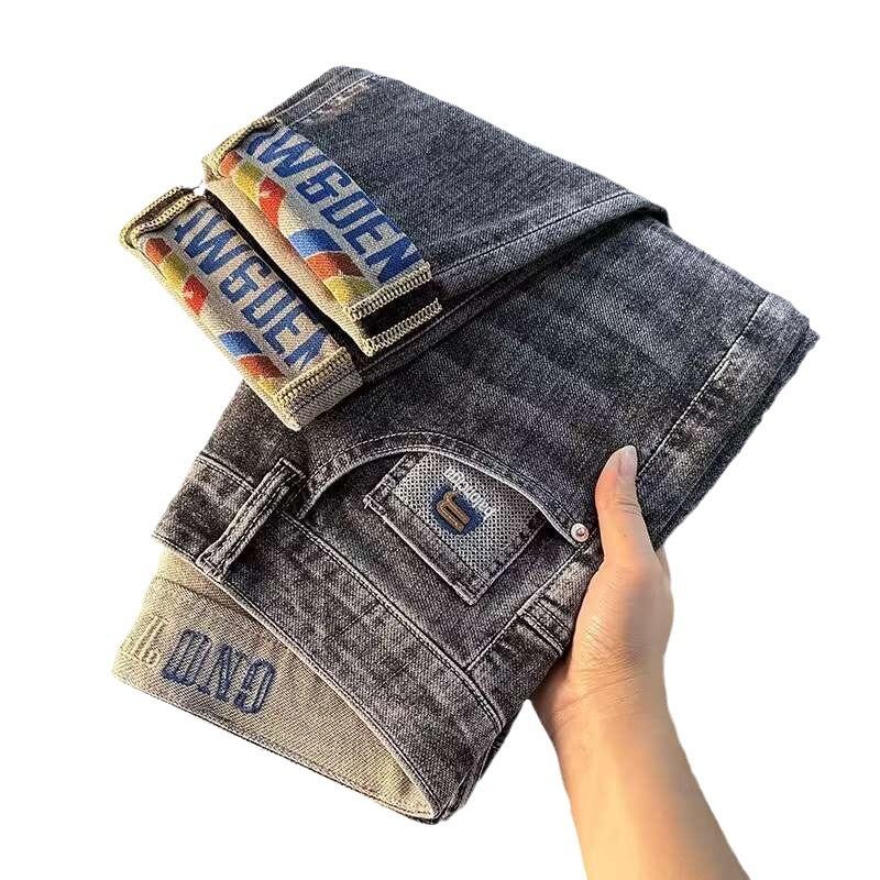 Four Seasons Men'S Plush Thick/Regular Fashion Brand Embroidered Printed Stretch Jeans Fashionable Multi Purpose, Smoked Grey Printed Nine Cent Pants