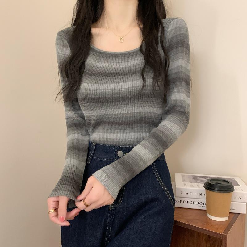 Contrasting Striped Square Neck Knitted Bottom Shirt Women's Spring Slim Skinny Inner Top Versatile Sweater