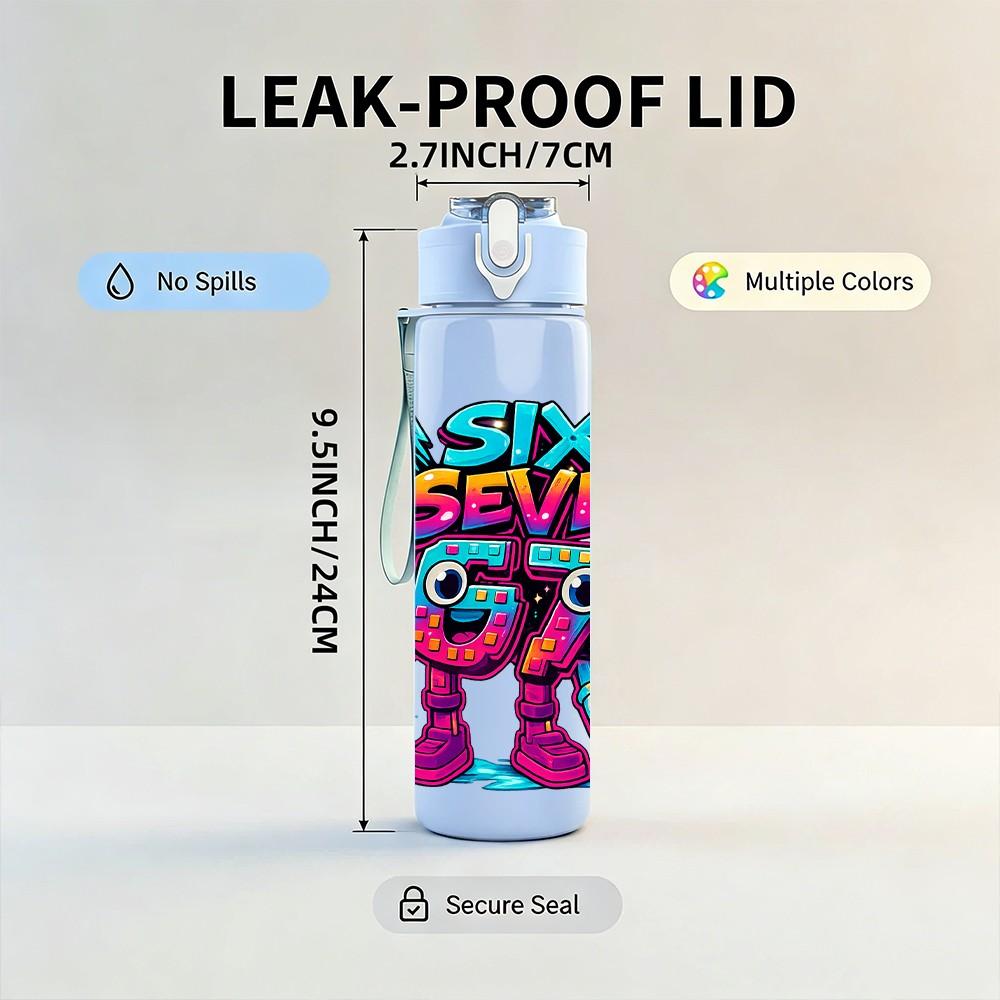 1PC Six Seven Bright Graffiti Cartoon Print 750ml Color Plastic Sports Water Bottle Leakproof Flip Straw Lid Suitable for Sports Office Home Use