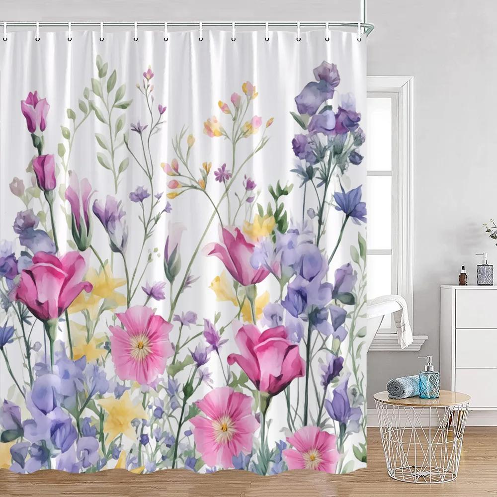 Watercolor Flowers Floral Shower Curtains Butterfly Greenery Plants Nature Home Decor for Bathroom Polyester Fabric Bath Curtain