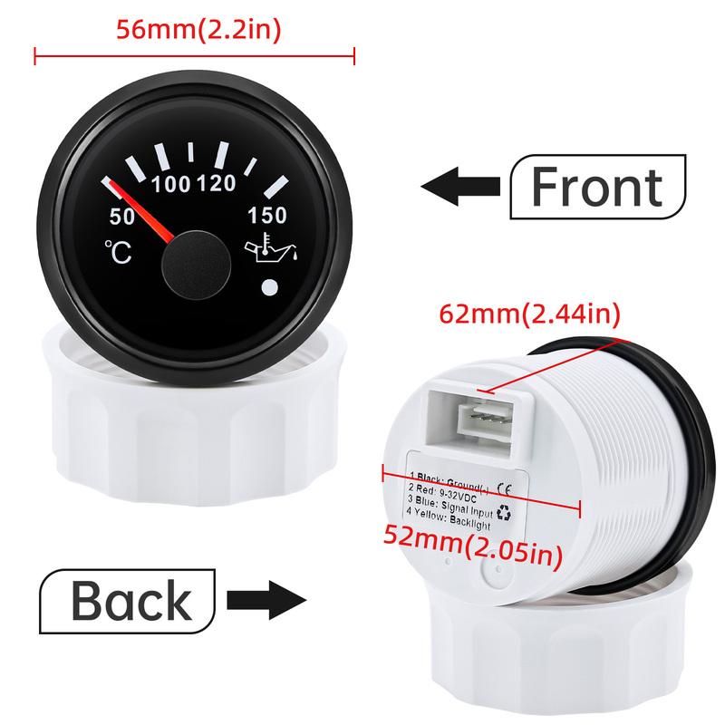 Auto Car Boat 2" 52mm Oil Temperature Gauge with Warning Red Light 50~150℃ Oil Temp Meter+Sensor 1/8NPT M14X1.5 DC12V 24V