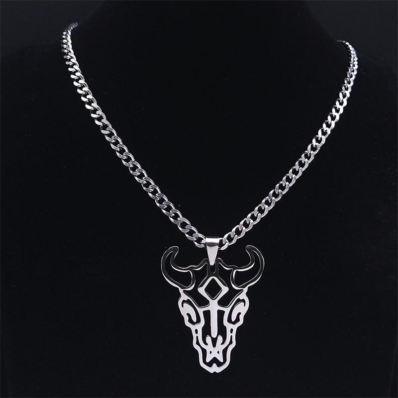 Hip Hop Animal Bull Head Pendant Necklace Men Stainless Steel Silver Color Skull Ox Bone Chain Amulet Jewelry Collar ZZZ3574-QKC