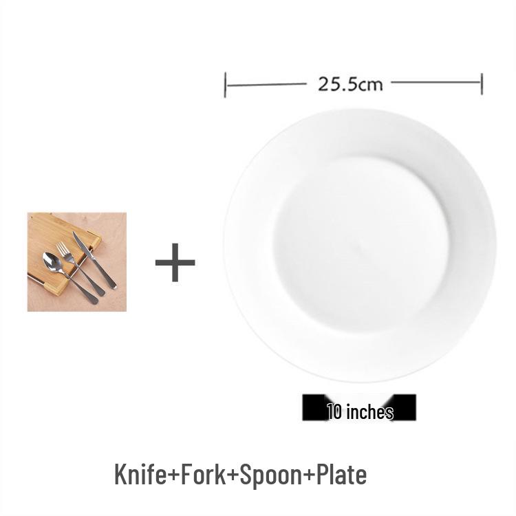 Thickened Stainless Steel Cutlery Set: Ceramic Plate, Steak Knife, Fork, Spoon - Three-Piece Western Dining Set