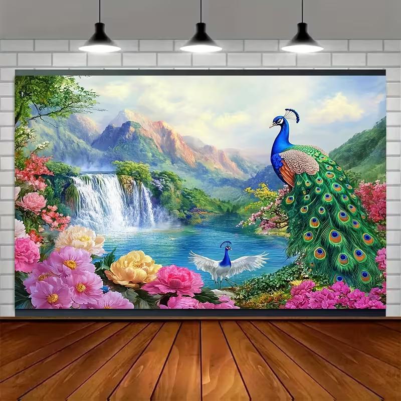 2D Elegant Peacock Floral Waterfall Backdrop Spring Nature Scenery Studio Background Cloth