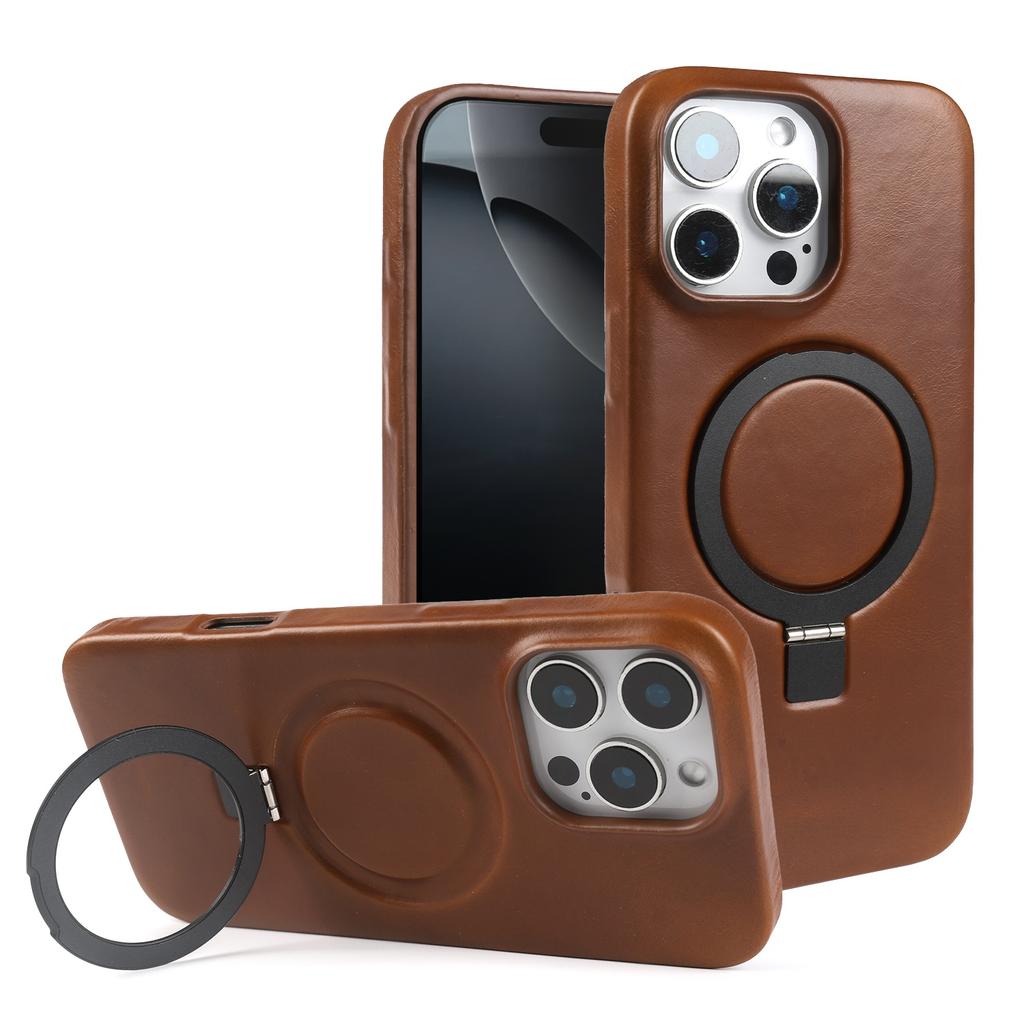 Stand Bracket Genuine Leather Case For iphone 16 Pro Max 16e 15pro 14 13 12 11 Full Wrapped Phone Cases Cover+Magnetic Holder
