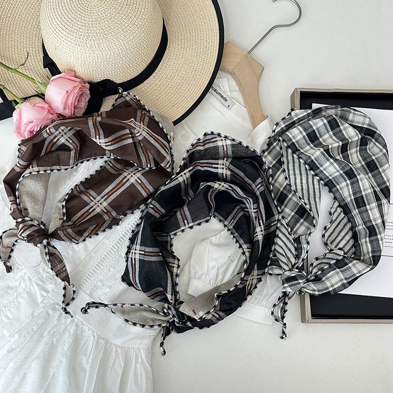 Women's Cotton and Linen Headscarf Hairband Double-sided Triangle Scarf Silk Scarf Baby Scarf Plaid All-match Spring and Autumn