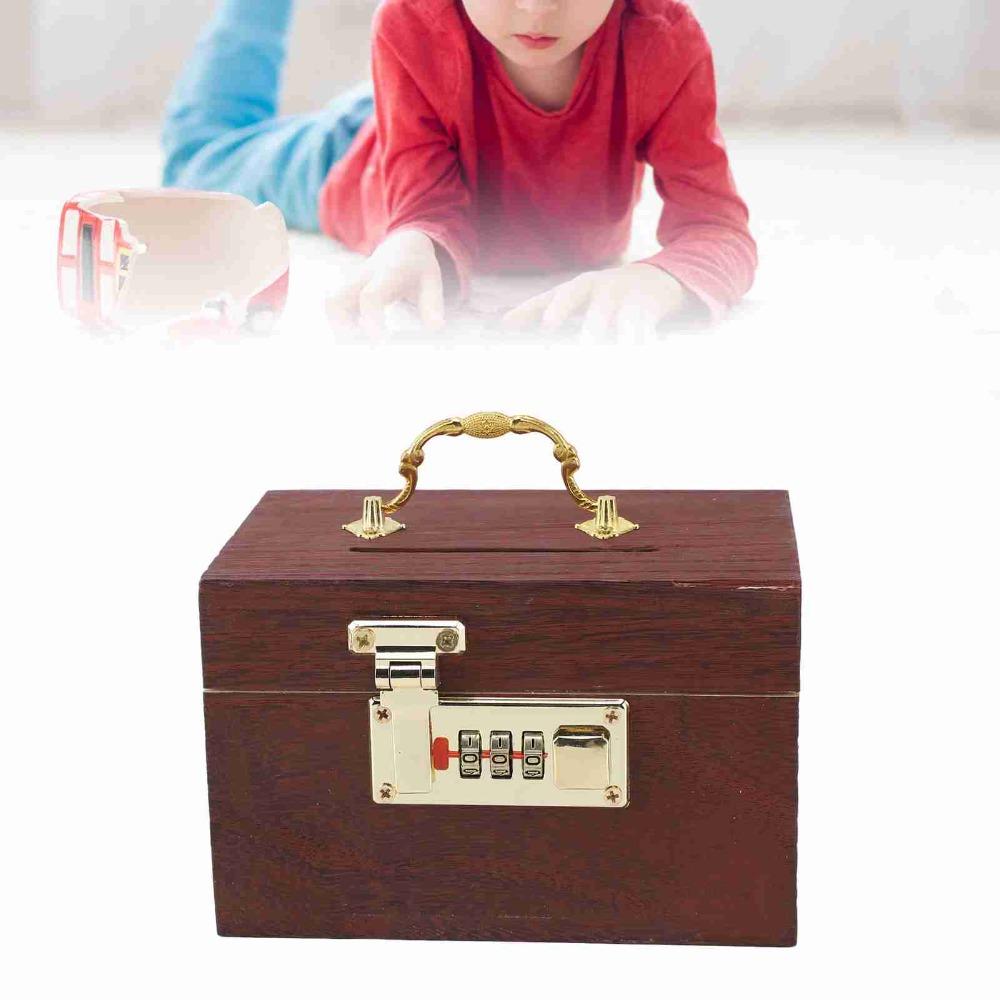 Password Lock Locking Money Storage Box Wooden Material With Handle Vintage Wooden Piggy Bank Small Size Security