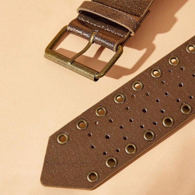 Double Hole Studded Leather Belt Jeans Waistband Hiphop Styles Waist Belt for Men and Women