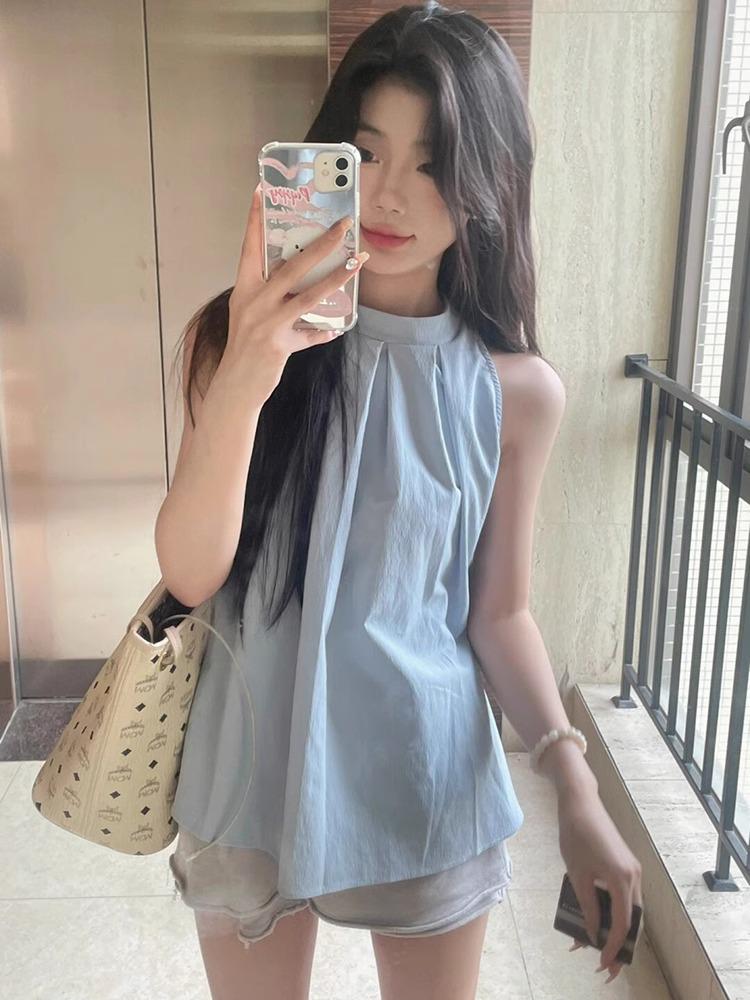 Women's French-Style Sweet & Spicy Sleeveless Blue Halter Tank Top