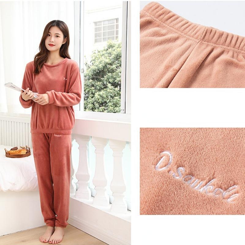 Thickened Coral Fleece Pajamas Women Korean Solid Classic Basic Winter Warm Clothing Casual Loose Homewear Chic