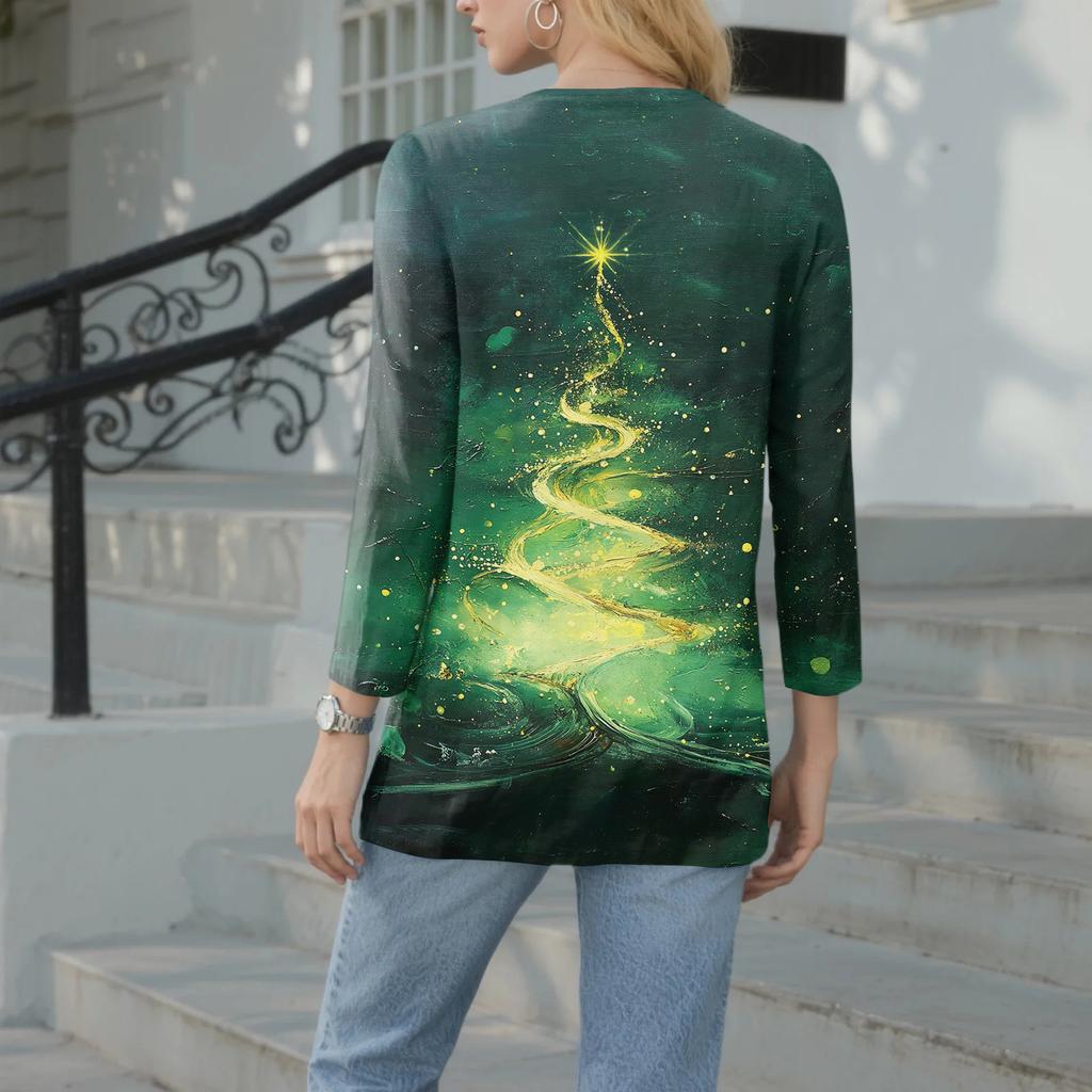 Women's Casual Fashion Sexy Comfortable Christmas Print V-Neck Button Three-quarter Sleeve Top