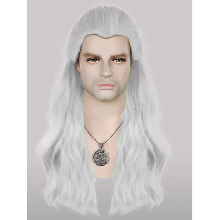 The Witcher 3: Wild Hunt Synthetic Hair Long Silver White Wavy Men'S Geralt Cosplay Wig for Halloween Christmas School