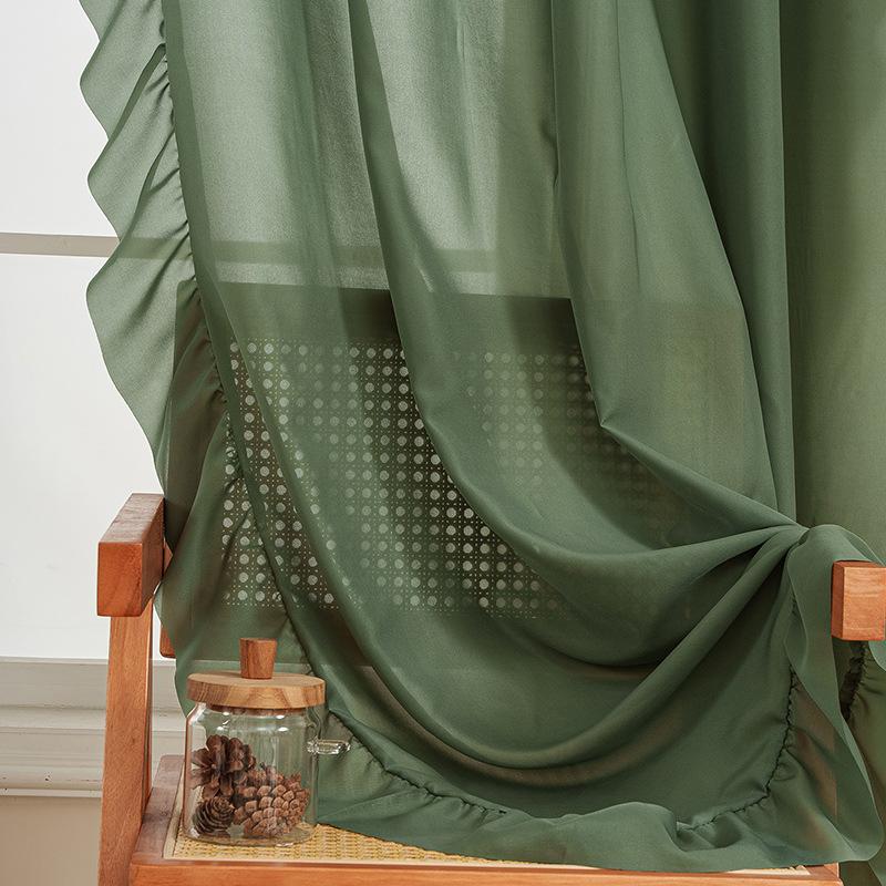Cortina de Color Sólido Estilo Sencillo con Viento Borde de Hoja con Volantes Cortina Terminada Pantalla Fina Translúcida para Ventana