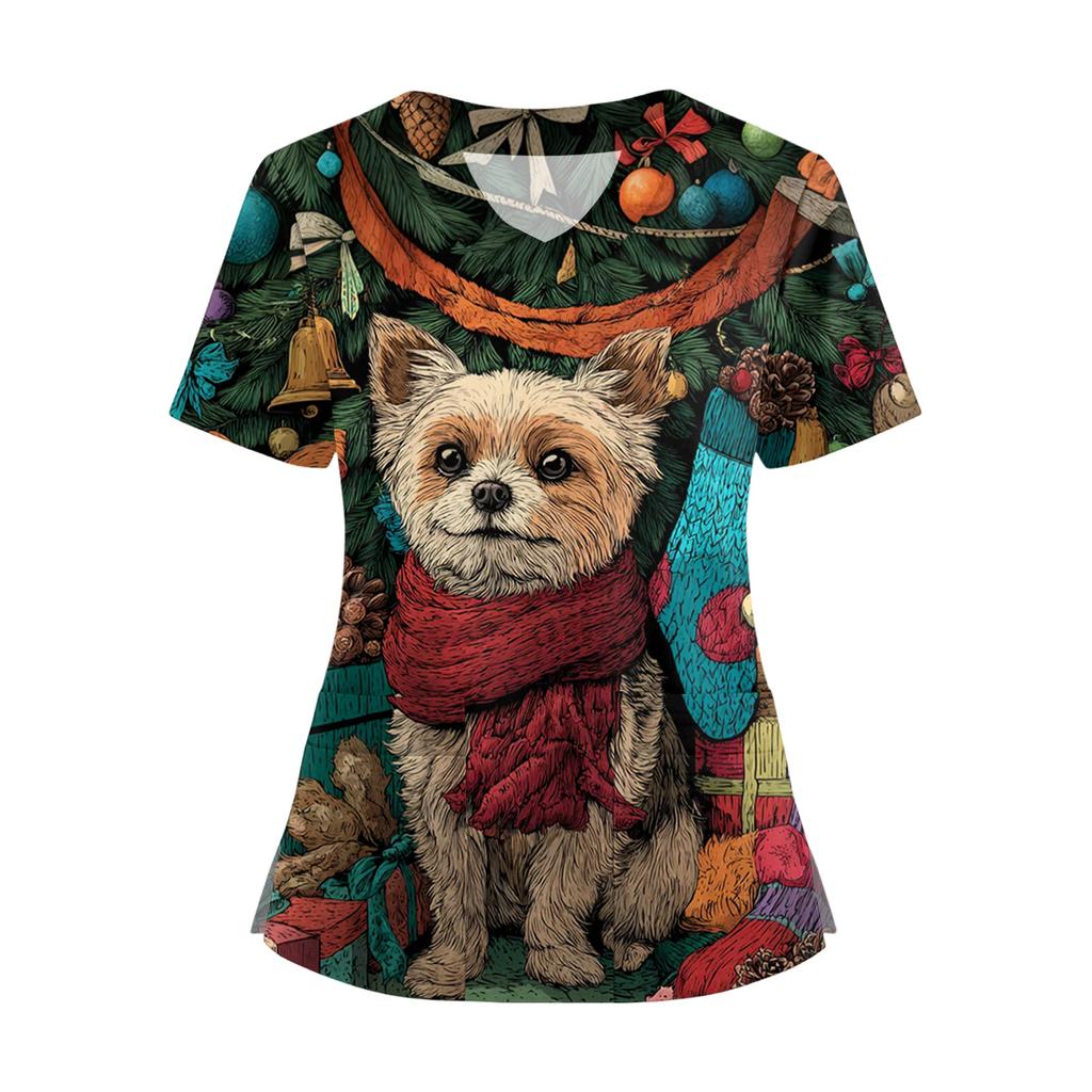 Damski T-shirt z krótkim rękawem z nadrukiem świątecznym, dekoltem w serek, zapinany na guziki z rozcięciem z boku