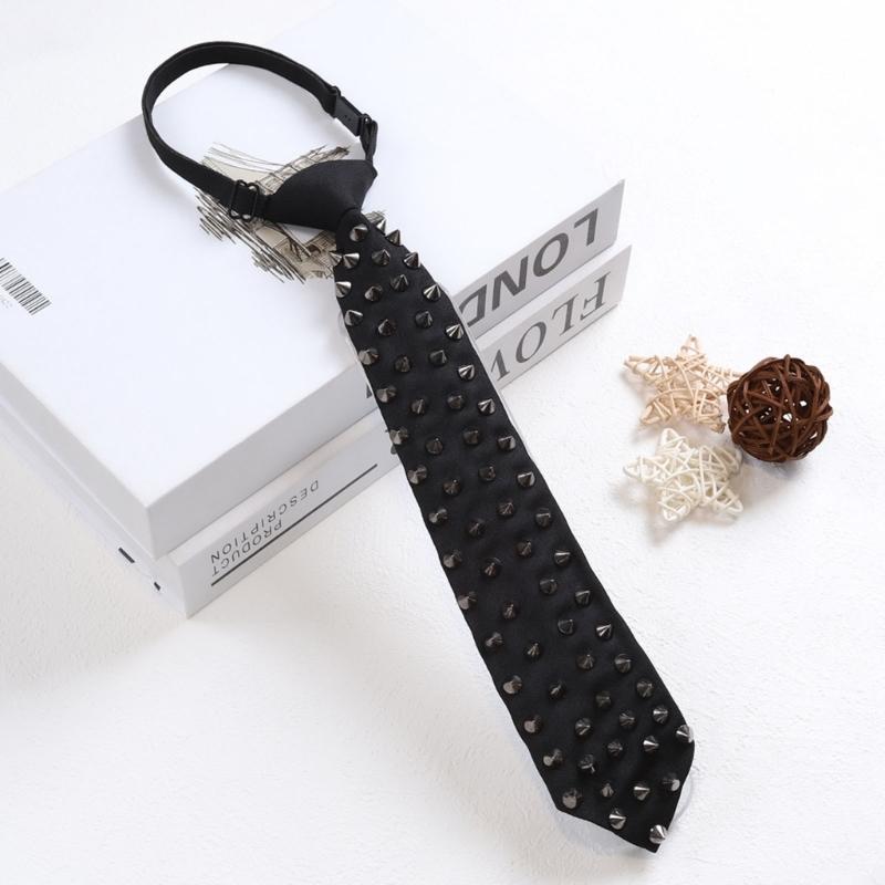 Uniform Black Ties for Senior High School Girl Uniform Pre-tied Preepy Look Adjustable Neck Ties with Metal Rivets