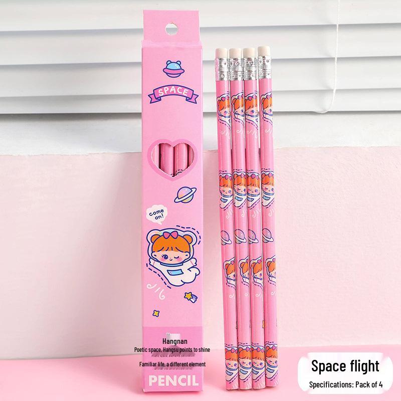 Cartoon Astronaut Pencil Set with Erasers - 4-Piece Kids' Drawing and Writing Stationery