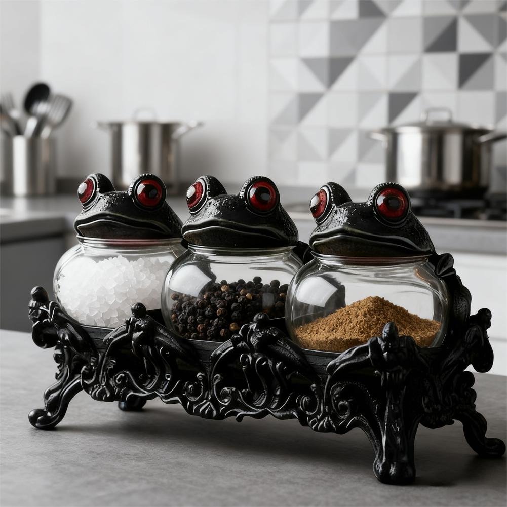 Handcrafted Witchy Frog Apothecary Spice Jars Clear Seasoning Jars 3 Piece Frog Spice Jar Set Spice Containers for Salt Pepper