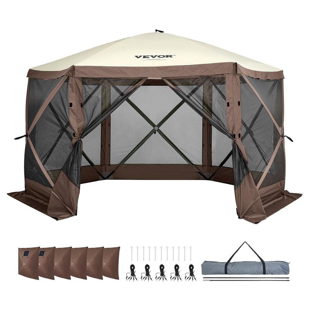 Pop Up Gazebo Tent Pop-Up Screen Tent 6 Sided Canopy Sun Shelter Brown
