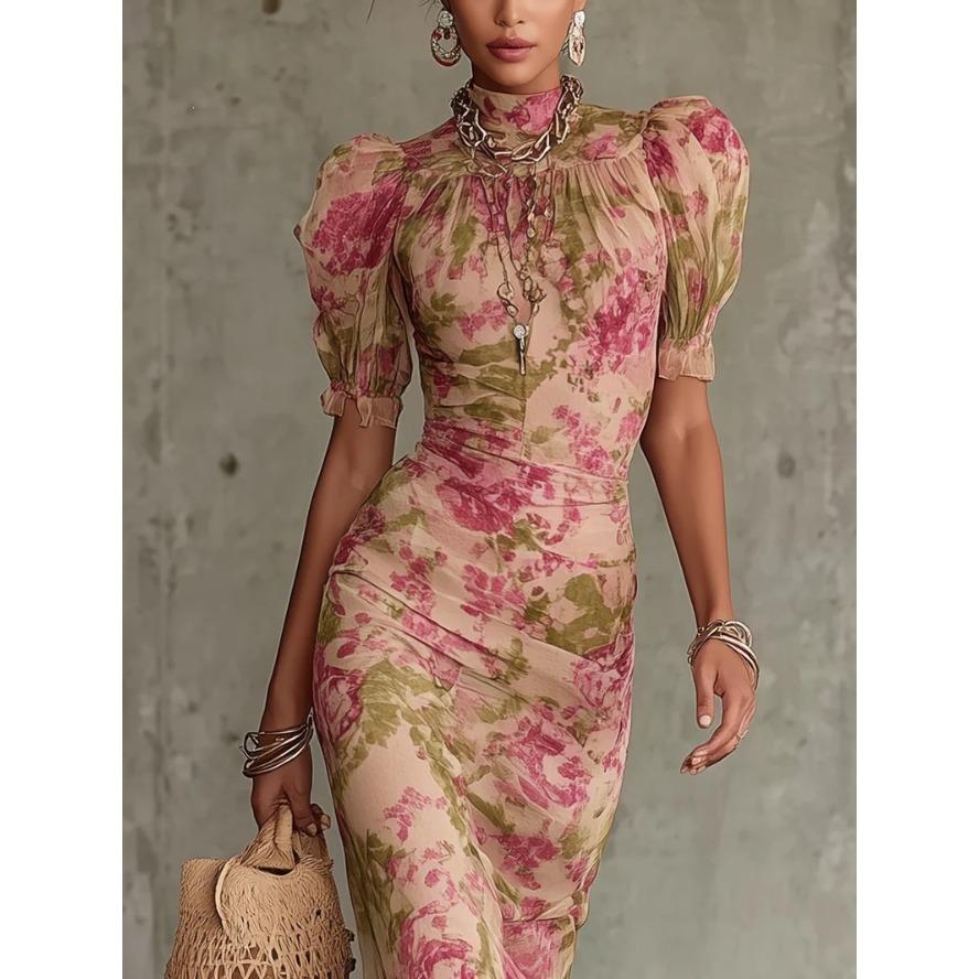 YYFS Women's Fashion Summer Spring Flower Pattern Print Short Sleeve High Neck High Waist Casual Dresses