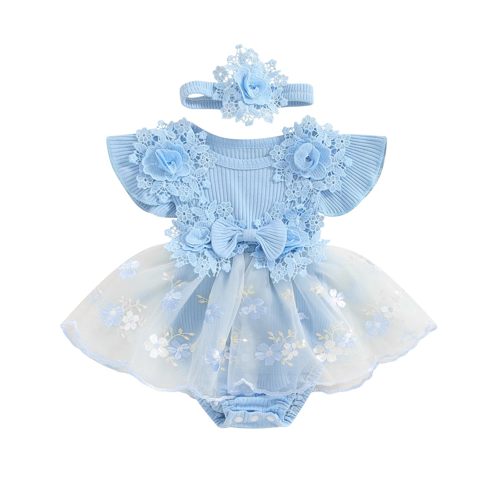 

Летняя одежда из 2 предметов для маленьких девочек, комбинезон из тюля с цветочной вышивкой и рукавами-крылышками, комплект с повязкой на голову 6-12 Months