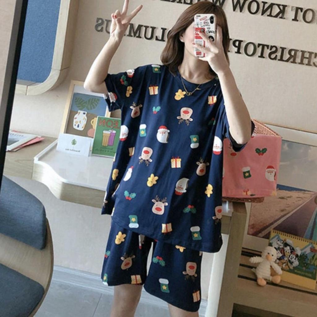 Women's Summer Cartoon Pajama Set - Cute Korean Style Christmas Short Sleeve & Shorts Homewear