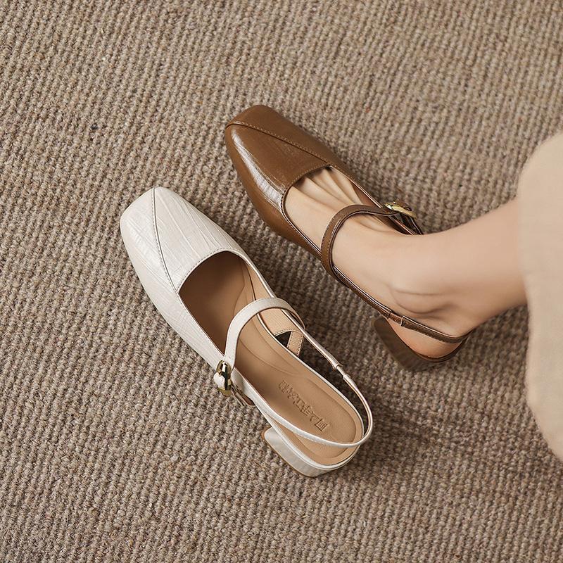 Sheepskin Square Toe Empty Mary Jane Shoes with Metal Buckle, Straight Strap, Thick Heel, Middle Heel, Commuting Women's Shoes