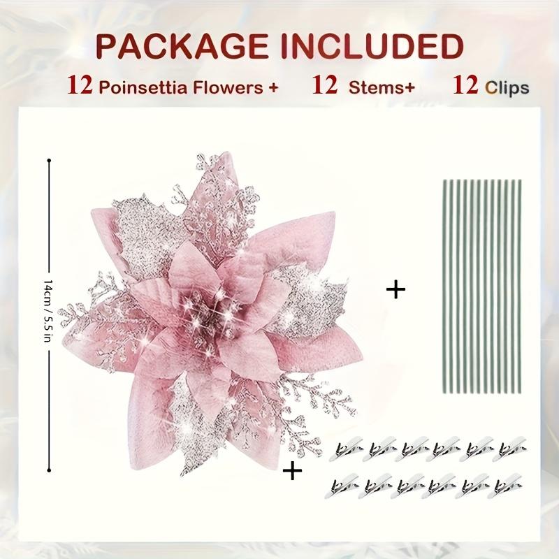 

[Christmas]Glitter Pink Artificial Poinsettia Flowers with clips and stems, Plastic Vine Christmas Tree Decorations No Electricity or Batteries Needed 12PCS розовый