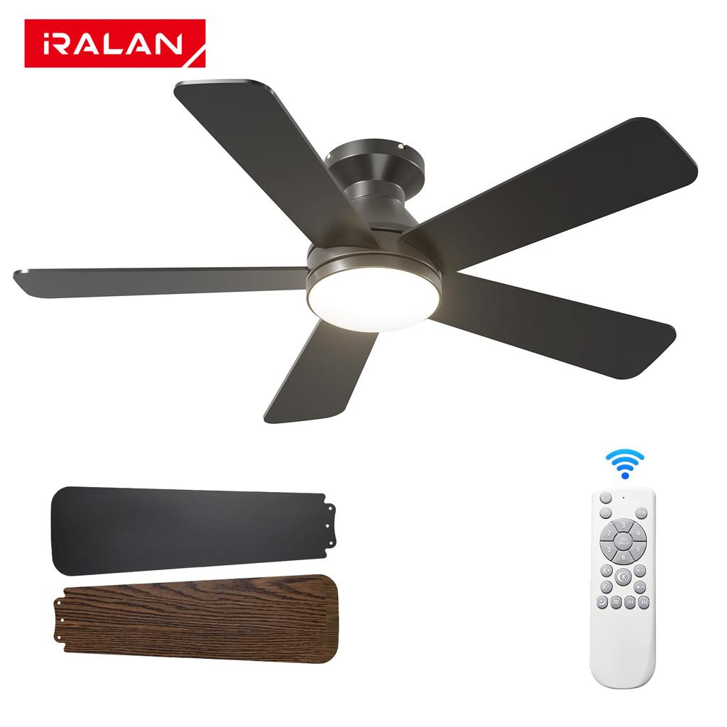 Ventilator Modern cu Lampă de Tavan 52" 5 Pale Ventilator de Tavan Silențios Corp de Iluminat LED 6 Viteze Ventilator DC Reversibil Negru/Lemn Montare Directă pe Tavan