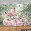 2D Planar Pink Color Romantic Afternoon Tea Party Background Fabric, with Lace Tablecloth and Floral Tea Sets Combination.