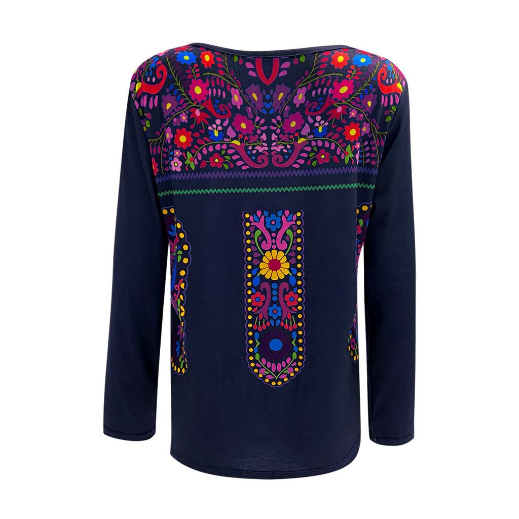 Women's  Ethnic Bohemian Print Round Neck Long Sleeve Loose T-Shirt