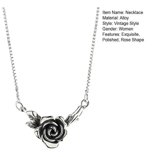 Women Necklace Vintage Floral Black Rose Stainless Old Design Neck Decoration Silver Color Smooth