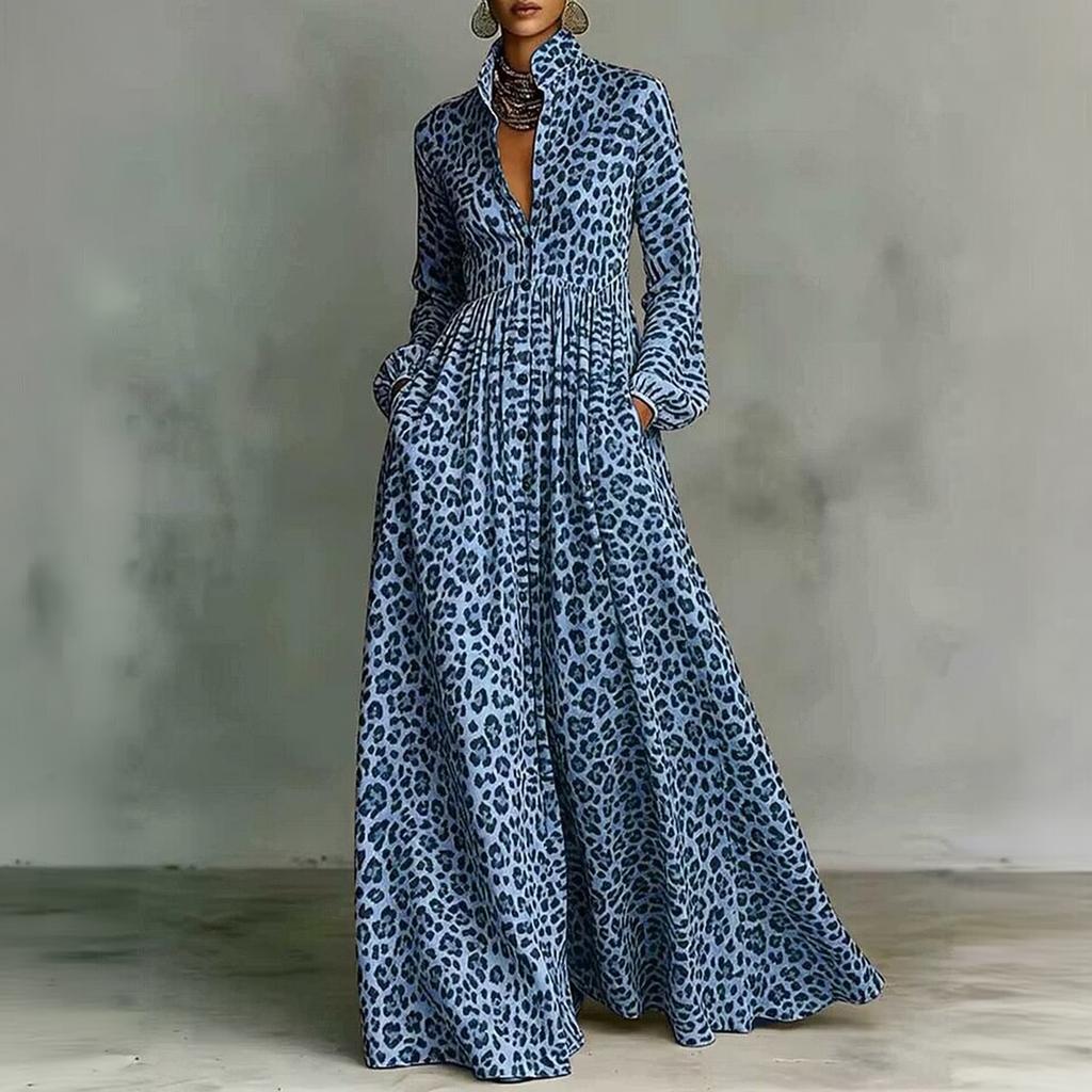 Women's Leopard Print Long Flared Dress with Lapel Collar and Single-Breasted Front